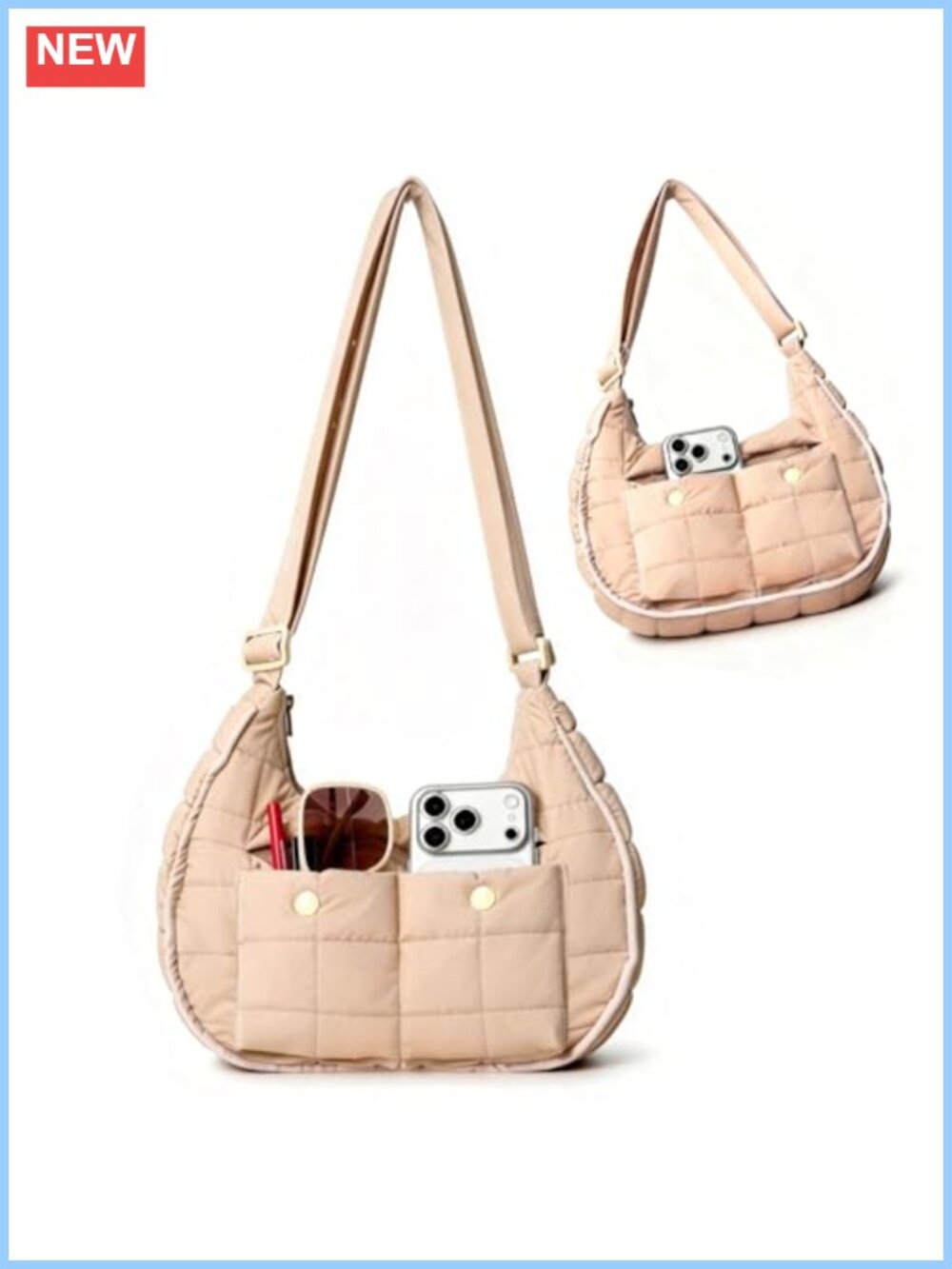 Quilted Puffer Crossbody Bag for Women, Nylon Adjustable Strap Shoulder Bag
